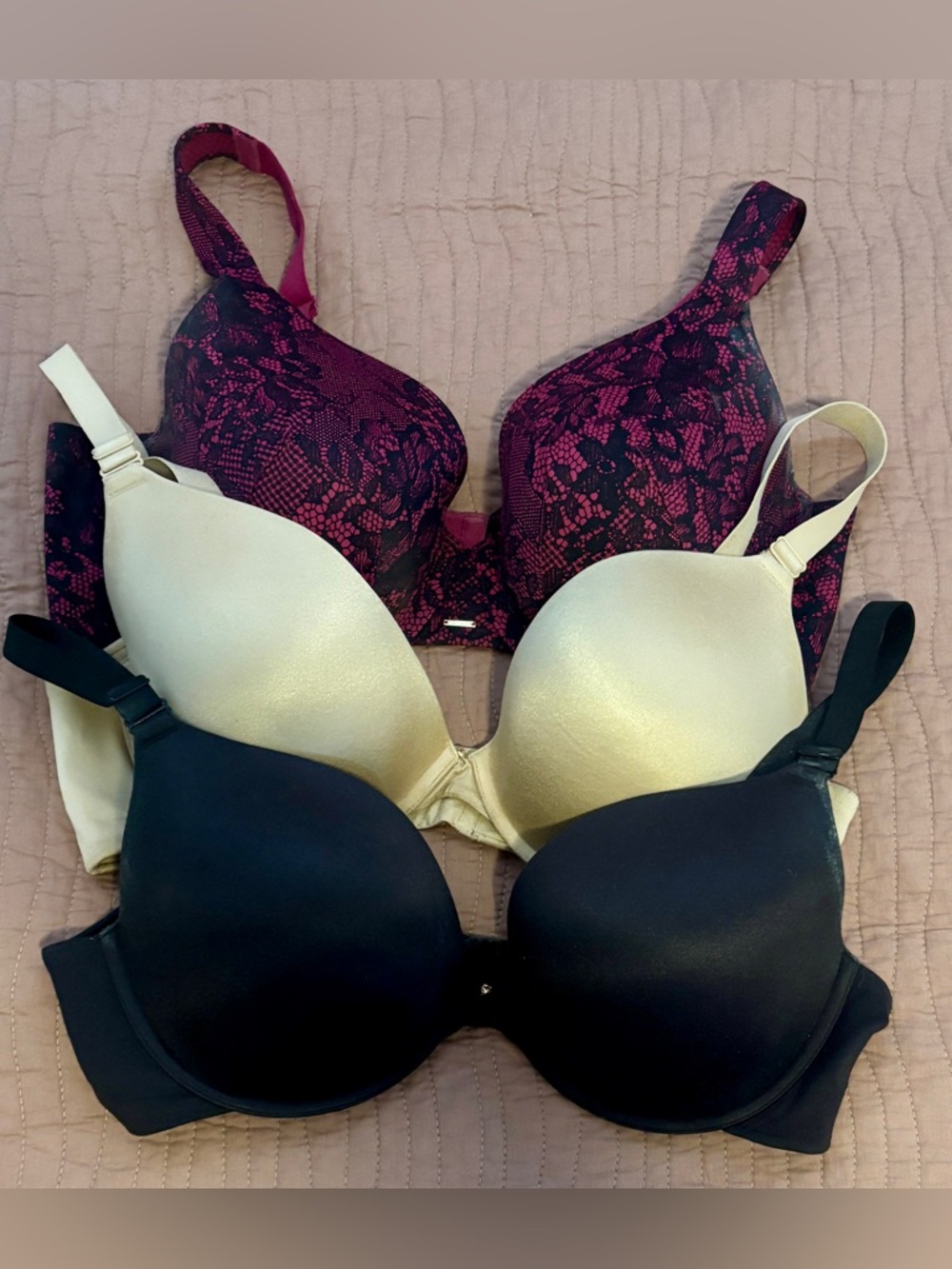 Cacique 3-Pack Smooth Boost Plunge Bras in Pink Lace, Cream & Black $20 for 3